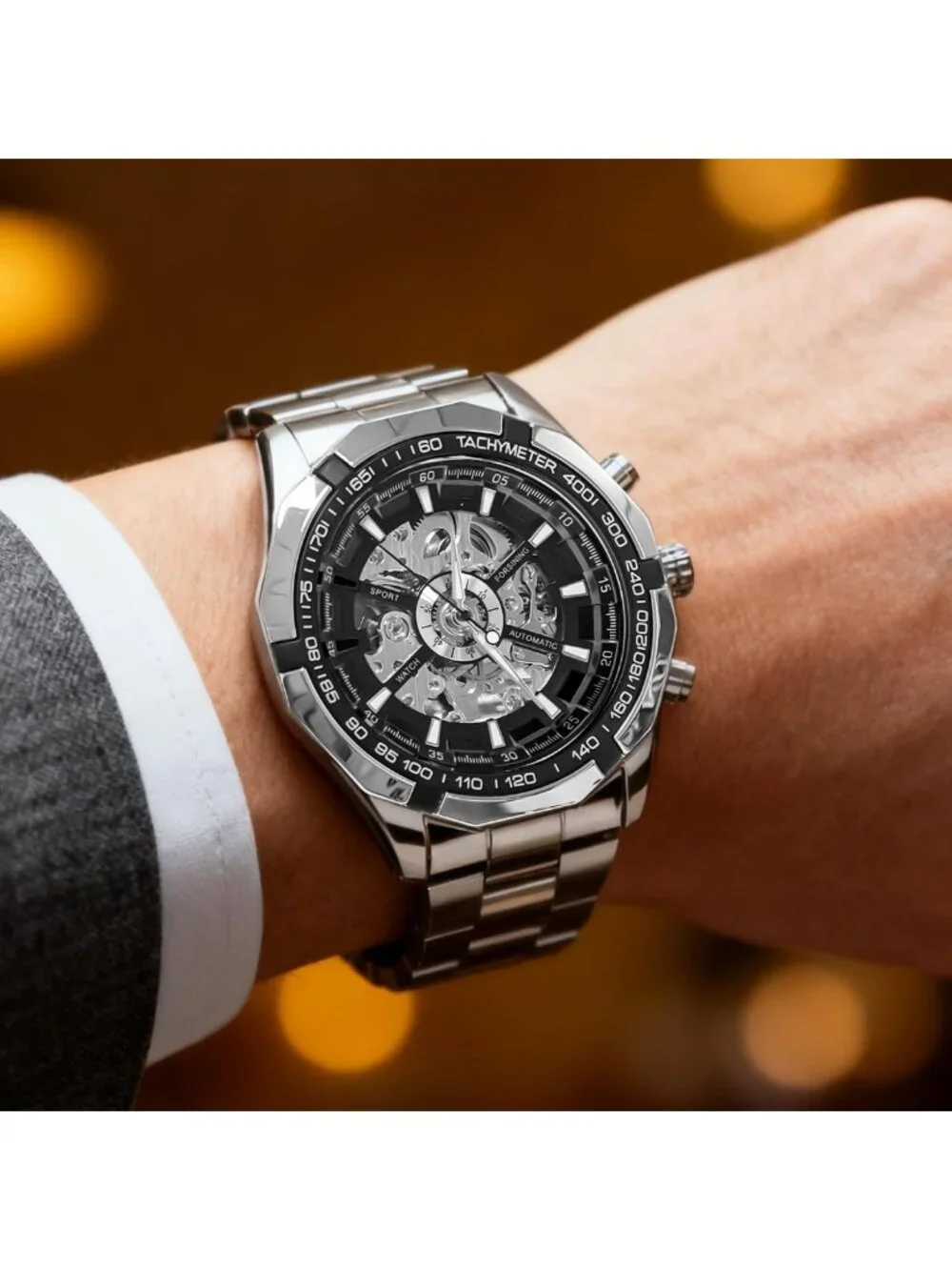 Stylish Mechanical Skeleton Watch for Men, Waterproof Stainless Steel, Luxury